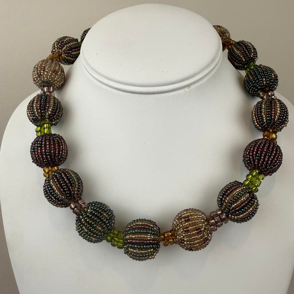 Seed Bead Woven Orb Necklace Iridescent Chunky Statement Artisan Bohemian